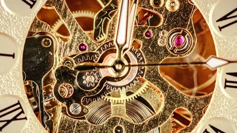 Macro view of mechanical gold skeleton pocket watch mechanism with moving g.. Stock Footage 337355988