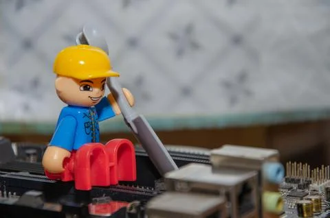 Macro view of miner working . Devices and technology for mining cryptocurrenc Stock Photos