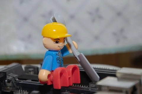 Macro view of miner working mine pool. Devices and technology for mining cryp Stock Photos