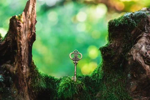 Macro view of an old skeleton key set against bark and moss Stock Photos