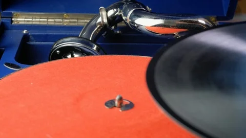 Macro view: Old vintage retro gramophone. 4k 60fps Stock Footage 103310943