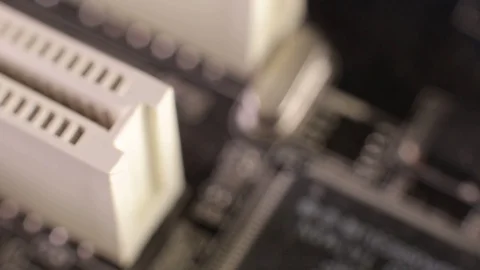 Macro view of PCI-E slots  on the motherboard,  slider shoot Stock Footage 106996168