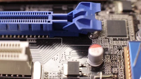 Macro view of PCI-E slots  on the motherboard,  slider shoot Stock Footage 106996217