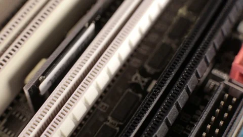 Macro view of PCI-E slots  on the motherboard,  slider shoot Stock Footage 106996258