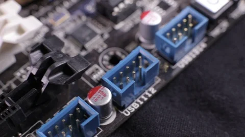 Macro view of PCI-E slots  on the motherboard,  slider shoot Stock Footage 106996880