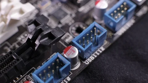Macro view of PCI-E slots  on the motherboard,  slider shoot Stock Footage 106997094