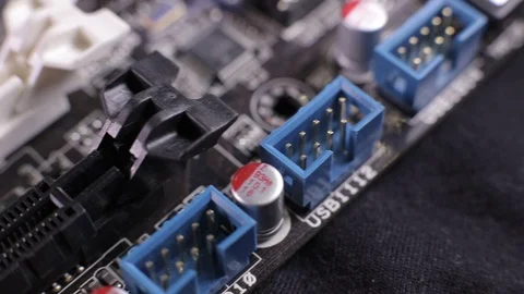 Macro view of PCI-E slots  on the motherboard,  slider shoot Stock-Footage 106997117
