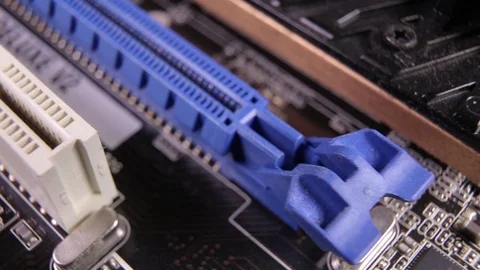 Macro view of PCI-E slots  on the motherboard,  slider shoot Vidéo 106998870