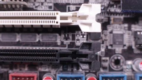 Macro view of PCI-E slots  on the motherboard,  slider shoot 스톡 동영상 106999042