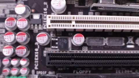 Macro view of PCI-E slots  on the motherboard,  slider shoot Stock-Footage 106999048