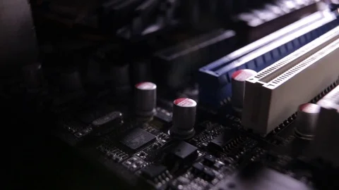 Macro view of PCI-E slots  on the motherboard,  slider shoot Stock Footage 106999397