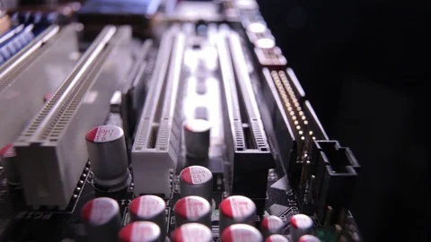 Macro view of PCI-E slots  on the motherboard,  slider shoot Stock Footage 106999421