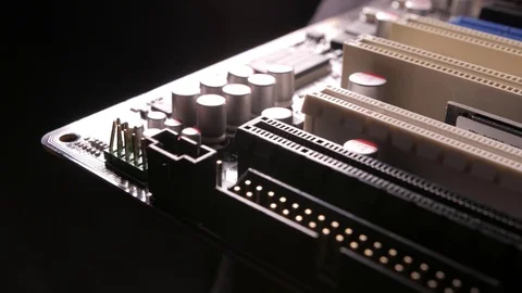Macro view of PCI-E slots  on the motherboard,  slider shoot Stock Footage 107003229