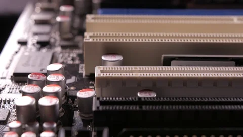 Macro view of PCI-E slots  on the motherboard,  slider shoot 動画素材 107003232