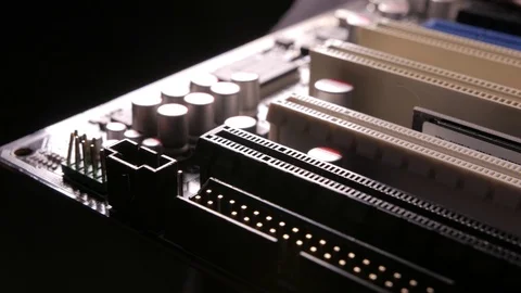 Macro view of PCI-E slots  on the motherboard,  slider shoot Stock Footage 107003237