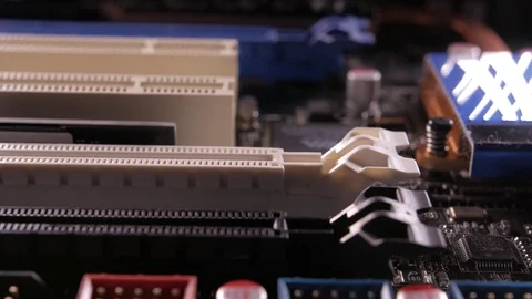 Macro view of PCI-E slots  on the motherboard,  slider shoot Stock-Footage 107003256