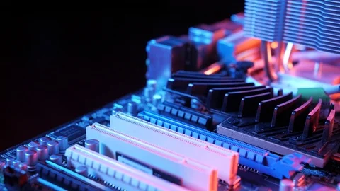 Macro view of PCI-E slots  on the motherboard,  slider shoot Stock Footage 107003390