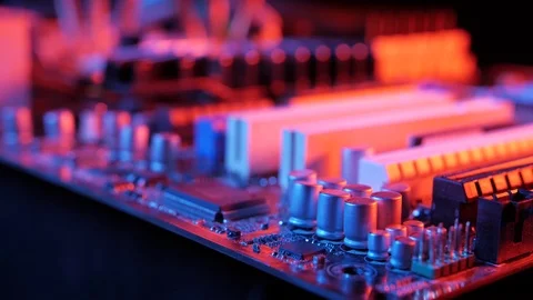 Macro view of PCI-E slots  on the motherboard,  slider shoot Stock Footage 107004159