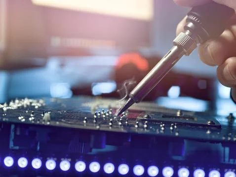 Macro View of Precision Soldering on a Circuit Board with a Soldering Iron .. Stock Photos