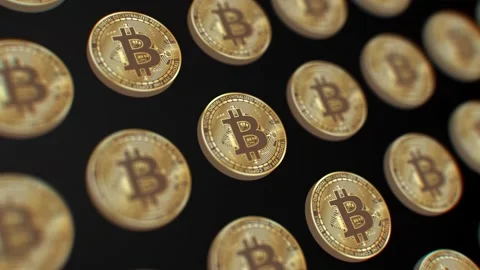 Macro view rising over gold bitcoin, loop. Stock-Footage 235416314