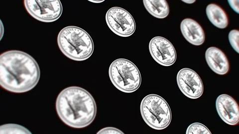 Macro view rising over silver coins on black background, 4k  loop Stock Footage 235417236