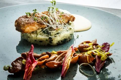 Macro view of roasted fish with rice, sauce, and mushrooms Fotos de archivo