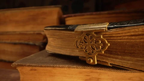 Macro view of saved medieval books with ancient writings. Religious literature Video stock 265082519
