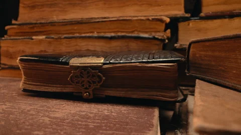 Macro view of saved medieval books with ancient writings. Religious literature Stock Footage 265083267