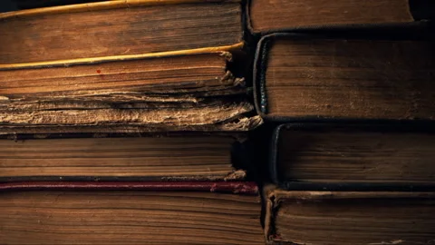 Macro view of saved medieval books with ancient writings. Religious literature Stock Footage 265296822