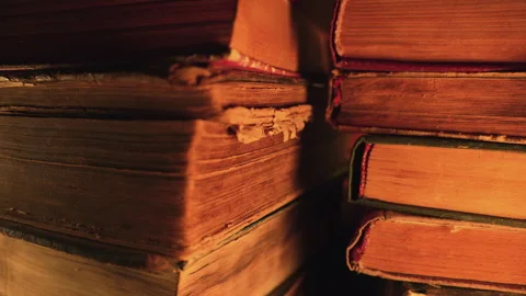 Macro View Of Saved Medieval Books With Ancient Writings. Religious Literature Stock Footage 332571321