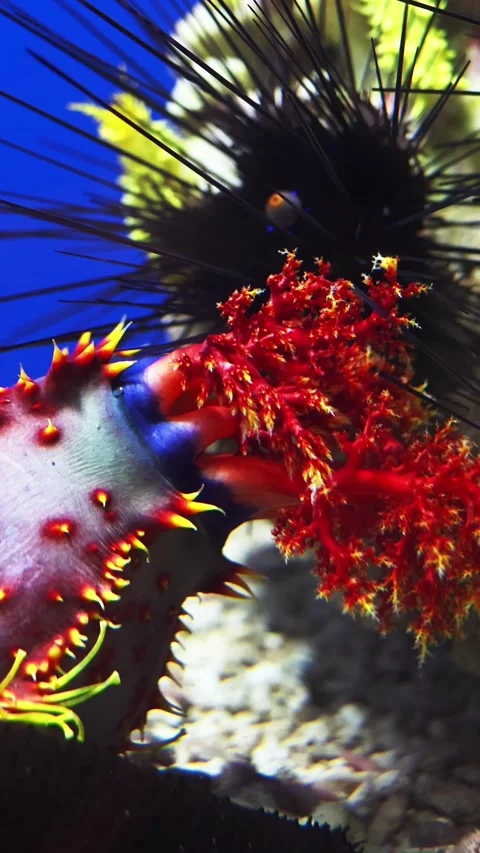 Macro view of a sea apple using branched feeding tentacles underwater Stock Footage 328253377