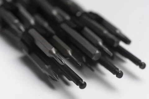 A macro view of set of silver screwdriver bits collection Foto stock