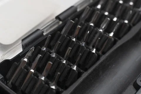 A macro view of set of silver screwdriver bits collection Foto stock