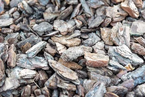 Macro View of Shredded Pine Bark Mulch for Sustainable Gardening Stock Photos