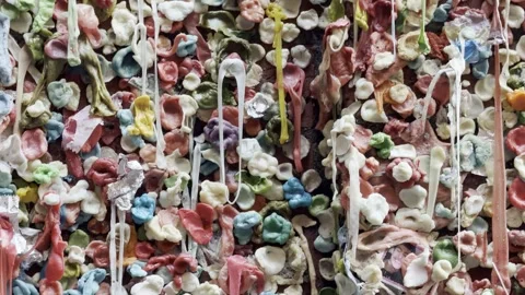 Macro view of stretched gum strands on Seattle Gum Wall in Post Alley Stock Footage 336278964