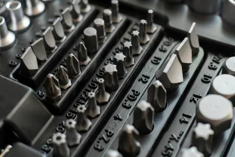 A macro view of the toolbox with kit of screwdrivers, manual steel tools Stock Photos