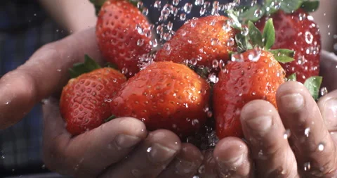 Macro of water drops falling on fresh red strawberries while raining at farm Stock Footage 268802317
