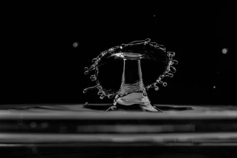 Macro of water splash drop on black background Stock Photos