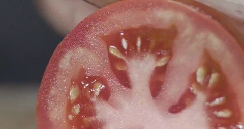 Macro wide close up of knife slicing and chopping a red tomato salad, food, Stock Footage 273513312