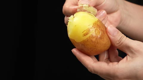 Macro Woman Hands Peeling Hot Boiled Yellow Potato Stock Footage 343945877