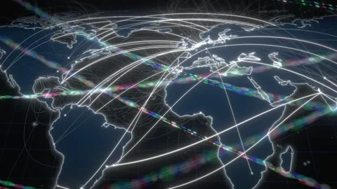 Macro World Map At Night With Glowing Fibre Optic Data Streams And Light Fans Stock Footage 343248815