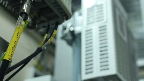 Macro Yellow Cable Connect to Computer in Hosting Center Stock Footage 74111747
