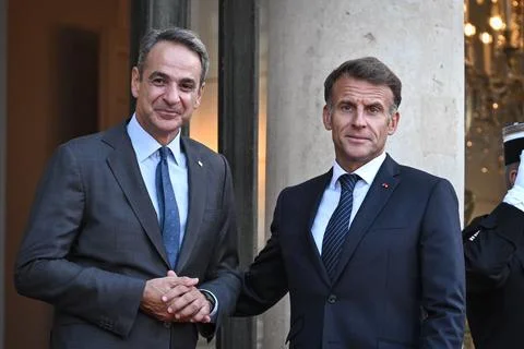 Macron, Mitsotakis hold talks on sidelines of International Space Summit, Paris, Stock Photos