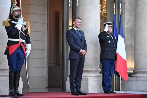 Macron, Mitsotakis hold talks on sidelines of International Space Summit, Paris, Stock Photos