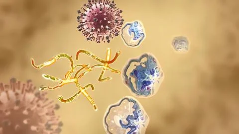 Macrophage attack on cells. 3D illustration Microscopic image Stockillustratie
