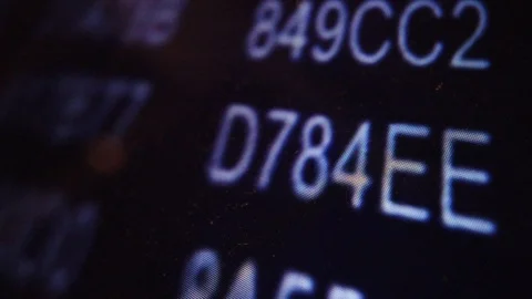 Macroscopic view of moving hexadecimal code matrix on LCD computer screen 스톡 동영상 111437512