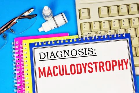 Maculodystrophy. Text label to indicate the state of vision health. Stock Photos