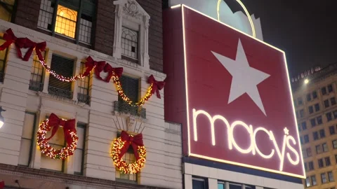 Macy's Herald Square at Night: Iconic Christmas Decorations and Neon Signage Stock Footage 325701507