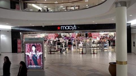 Macys wide angle shopping mall storefront entrance, customers Stock Footage 83323788