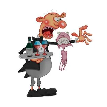 A mad cat bit the waiter's hand. Illustration on a white background. Stock Illustration